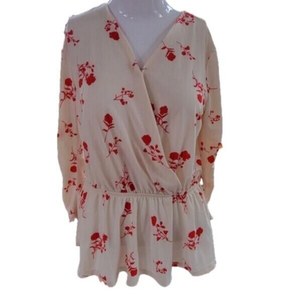 Ophelia Roe Small Wrap Smocked Blouse Cream Red Floral V-neck Elastic Waist EUC - Picture 1 of 11